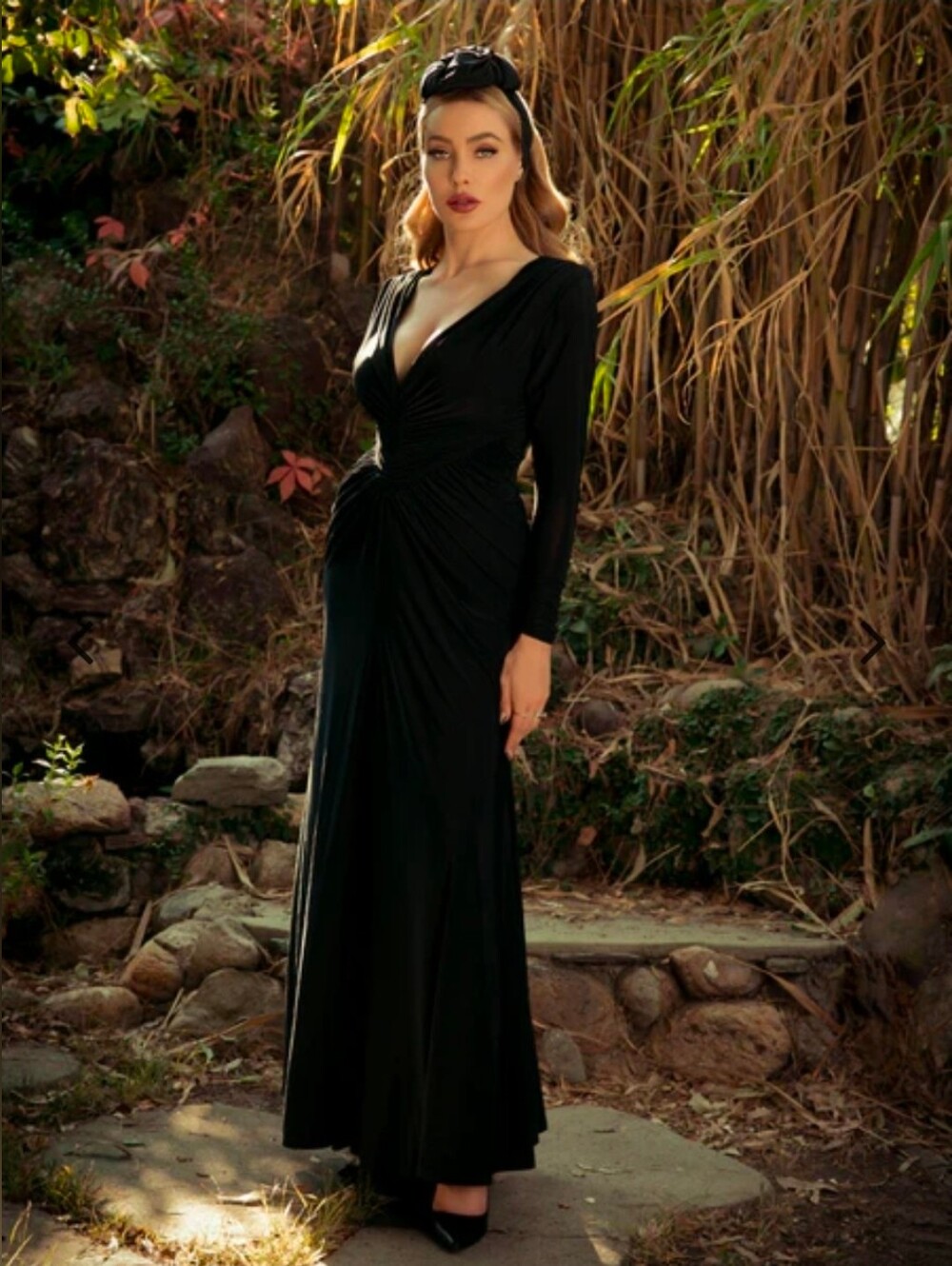 La Femme En Noir Art Deco Ruched Gown Black Old Hollywood Maxi Gothic Dress M
